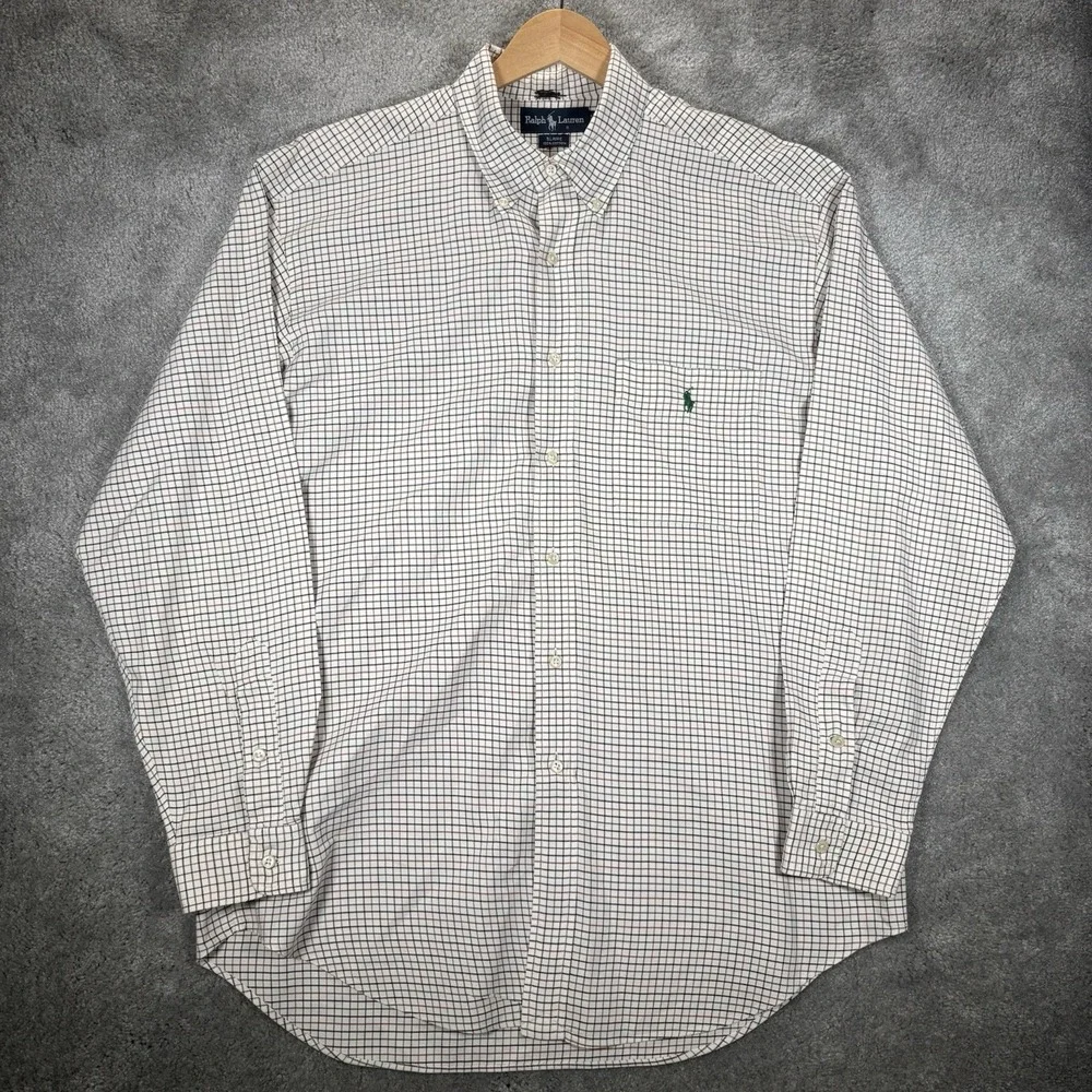 Vintage Polo Ralph Lauren Blaire Shirt Mens L Ivory Plaid Long Sleeve Pocket 90s